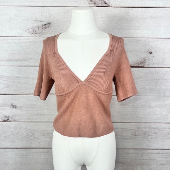 Intimately Free People Teagan Swit Short Sleeve Sweater Top V-Neck Sz L - Picture 2 of 7